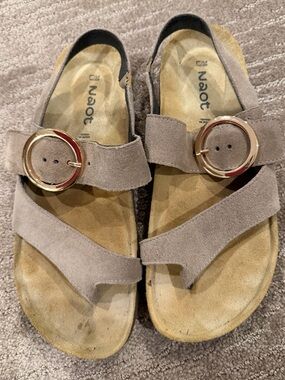 Naot Taupe Suede Slide Sandals with Gold Buckles